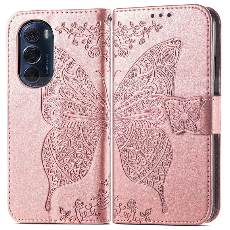 Custodia Portafoglio In Pelle Farfalla Cover con Supporto per Motorola Moto Edge Plus (2022) 5G Rosa