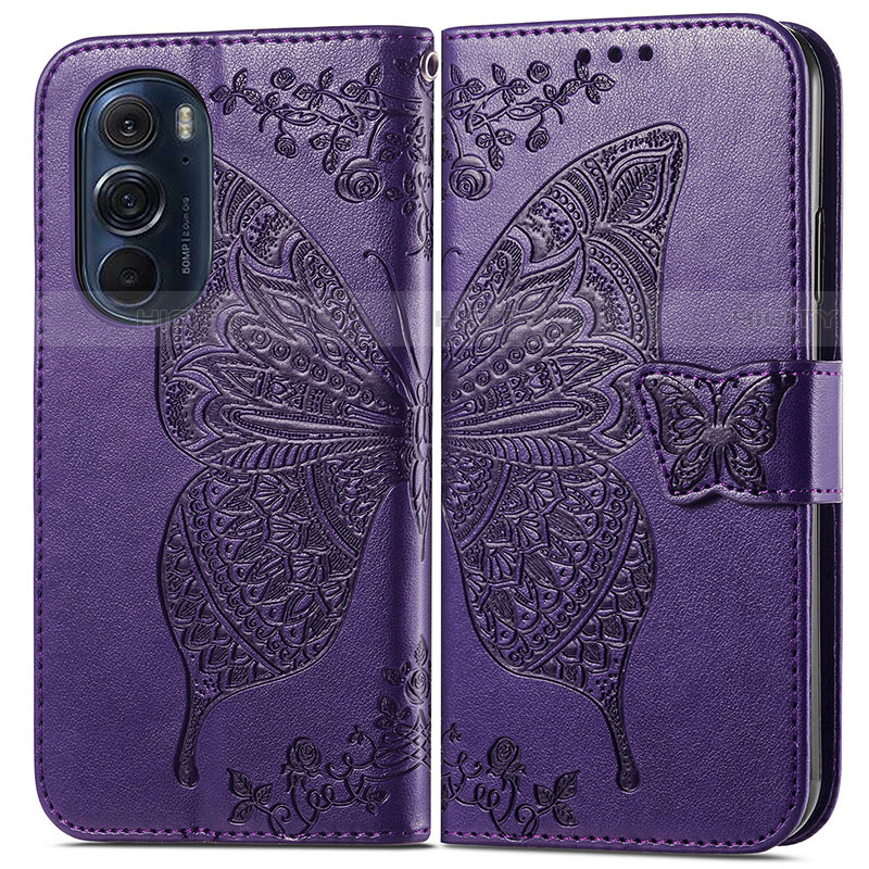 Custodia Portafoglio In Pelle Farfalla Cover con Supporto per Motorola Moto Edge X30 5G Viola