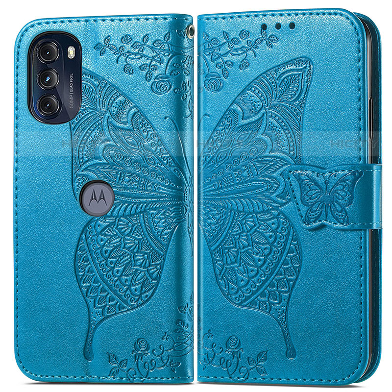 Custodia Portafoglio In Pelle Farfalla Cover con Supporto per Motorola Moto G 5G (2022) Blu