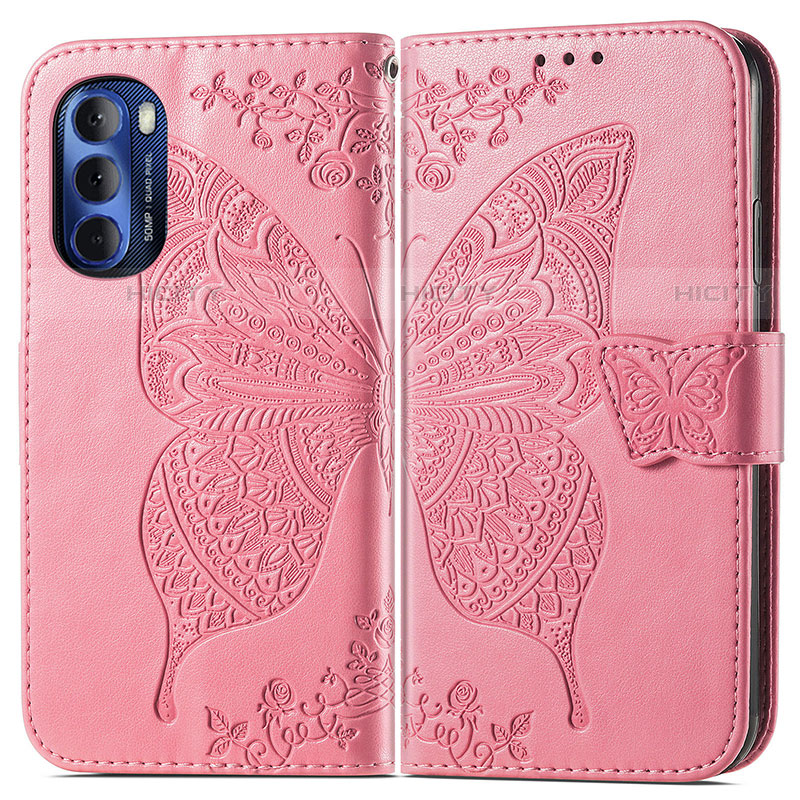 Custodia Portafoglio In Pelle Farfalla Cover con Supporto per Motorola Moto G Stylus (2022) 4G Rosa Caldo