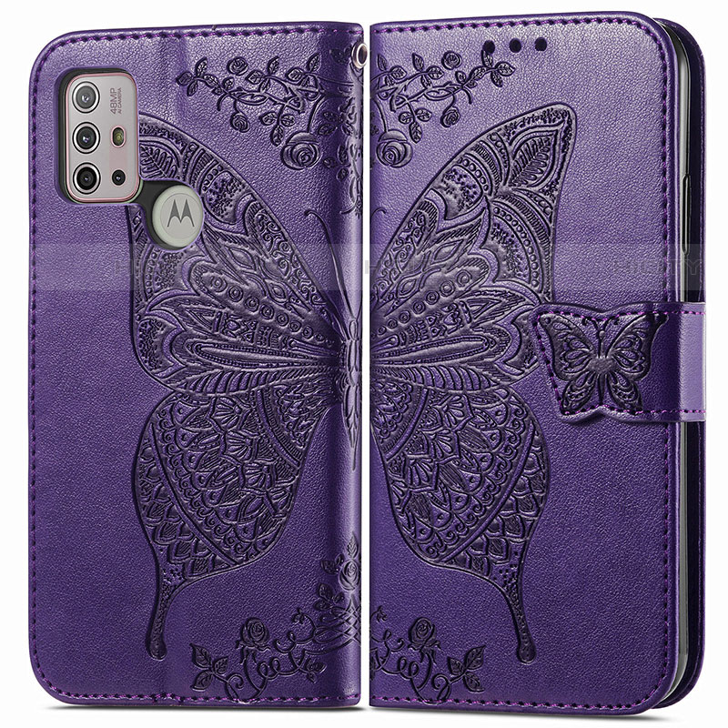 Custodia Portafoglio In Pelle Farfalla Cover con Supporto per Motorola Moto G10 Viola