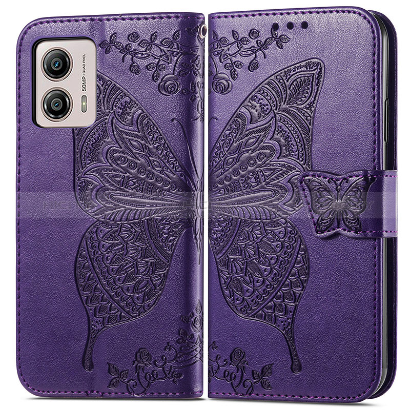 Custodia Portafoglio In Pelle Farfalla Cover con Supporto per Motorola Moto G53 5G Viola