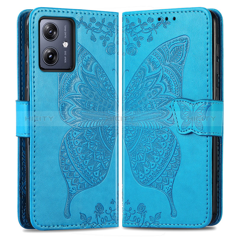 Custodia Portafoglio In Pelle Farfalla Cover con Supporto per Motorola Moto G54 5G Blu