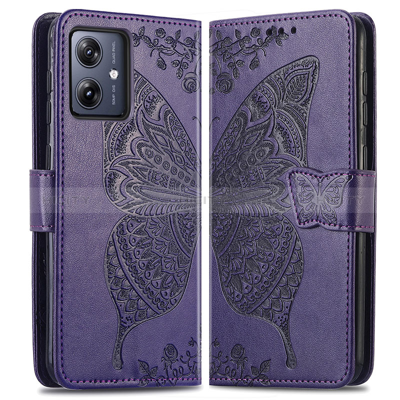 Custodia Portafoglio In Pelle Farfalla Cover con Supporto per Motorola Moto G54 5G Viola