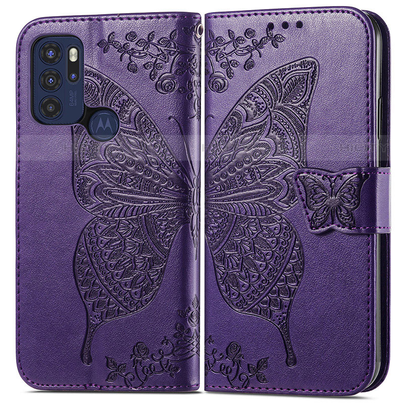 Custodia Portafoglio In Pelle Farfalla Cover con Supporto per Motorola Moto G60s Viola