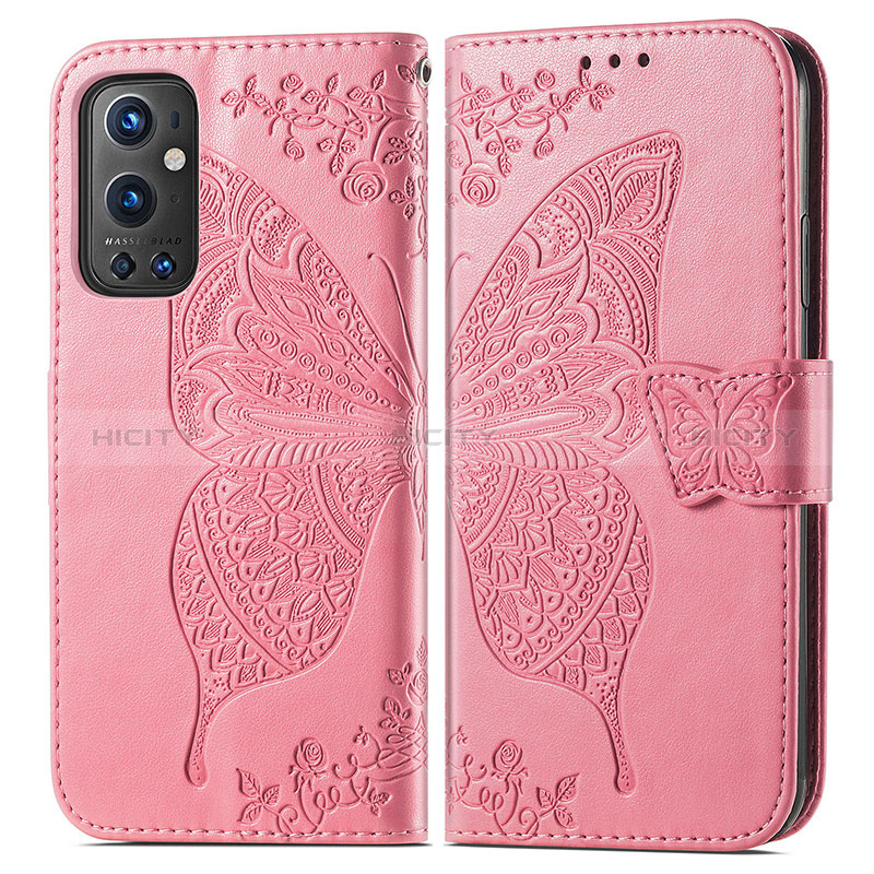 Custodia Portafoglio In Pelle Farfalla Cover con Supporto per OnePlus 9 Pro 5G Rosa Caldo