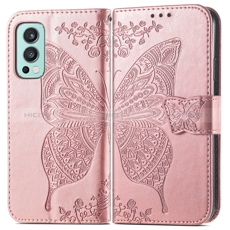 Custodia Portafoglio In Pelle Farfalla Cover con Supporto per OnePlus Nord 2 5G Oro Rosa