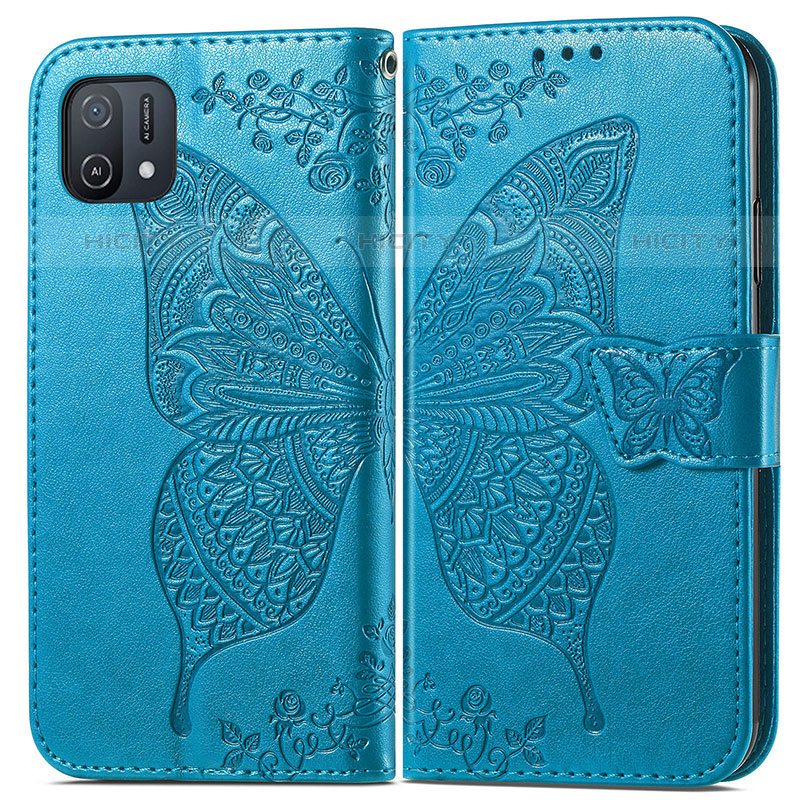 Custodia Portafoglio In Pelle Farfalla Cover con Supporto per Oppo A16K Blu