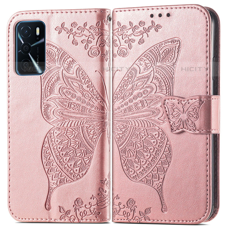 Custodia Portafoglio In Pelle Farfalla Cover con Supporto per Oppo A16s Rosa