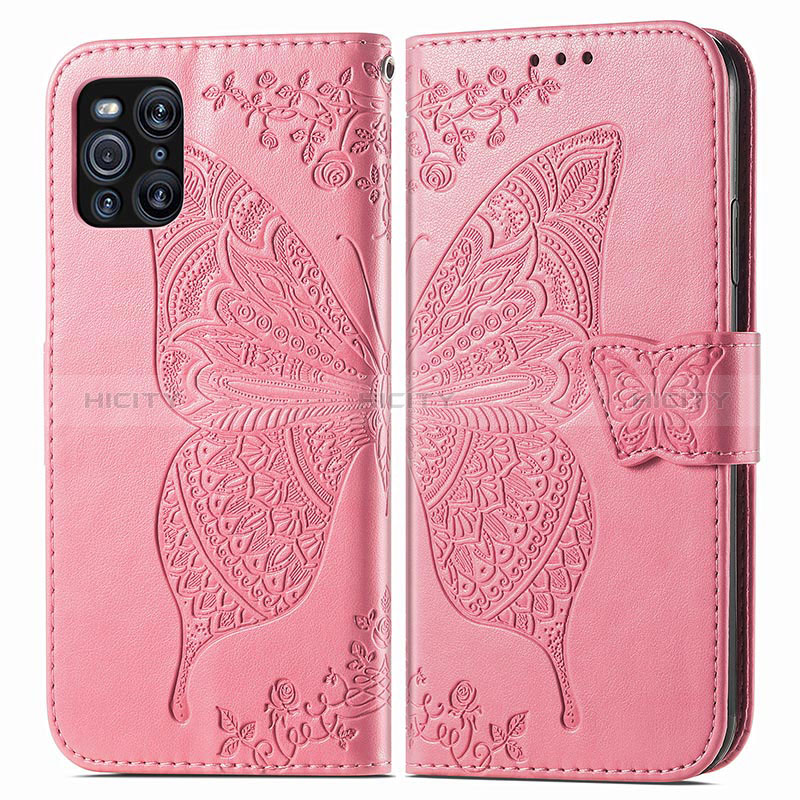 Custodia Portafoglio In Pelle Farfalla Cover con Supporto per Oppo Find X3 5G Rosa Caldo