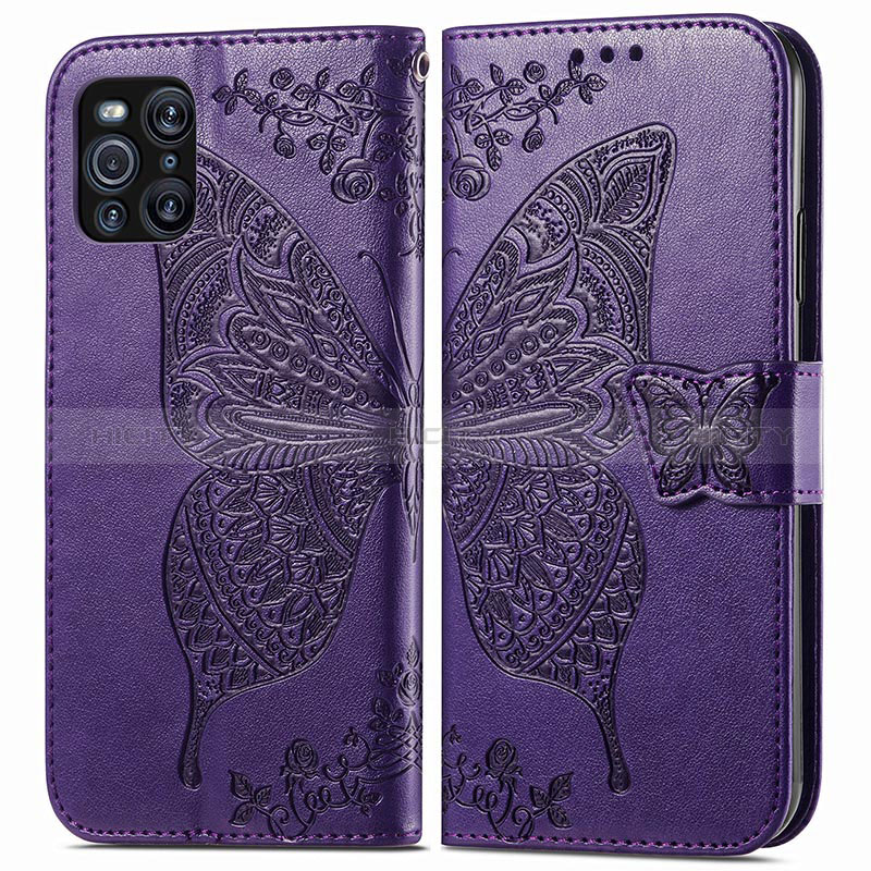 Custodia Portafoglio In Pelle Farfalla Cover con Supporto per Oppo Find X3 5G Viola