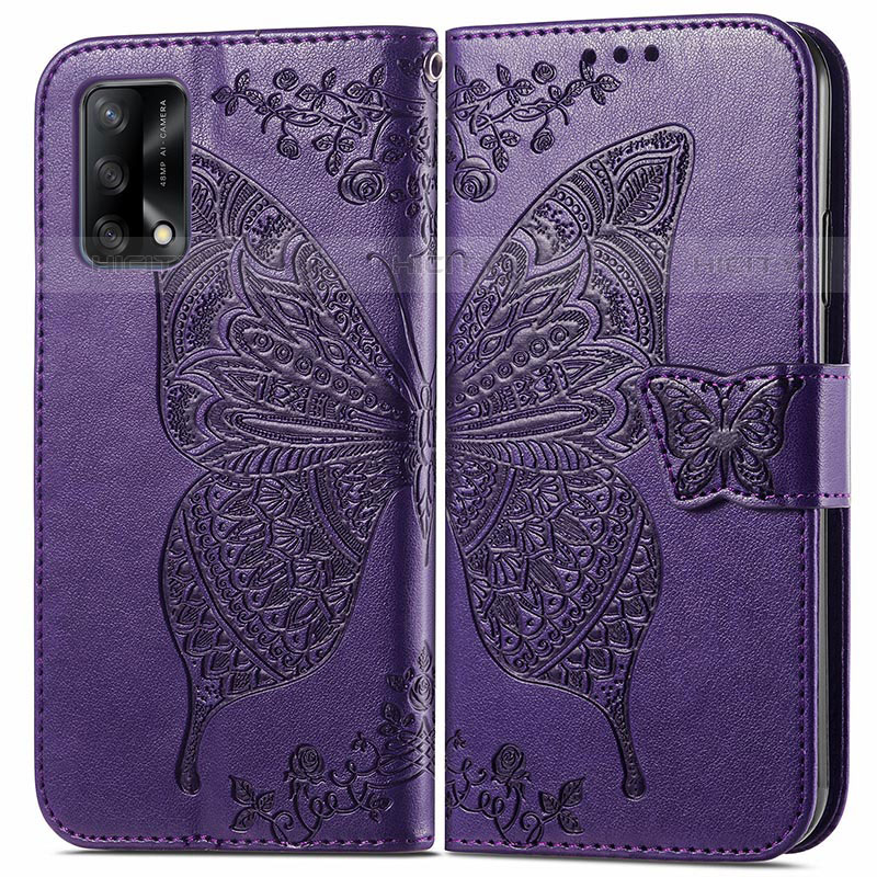 Custodia Portafoglio In Pelle Farfalla Cover con Supporto per Oppo Reno6 Lite Viola