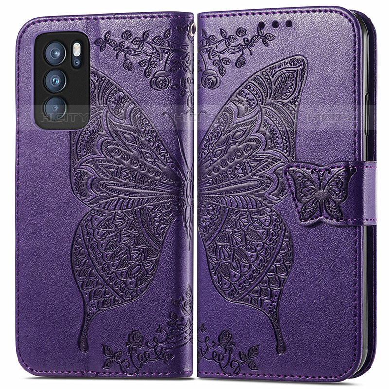 Custodia Portafoglio In Pelle Farfalla Cover con Supporto per Oppo Reno6 Pro 5G India Viola