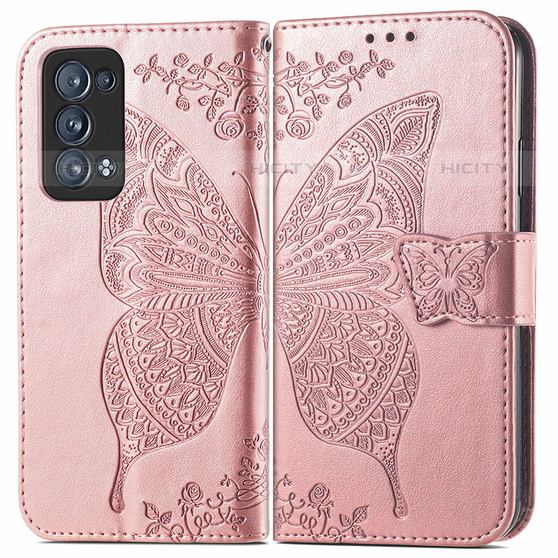 Custodia Portafoglio In Pelle Farfalla Cover con Supporto per Oppo Reno6 Pro 5G Rosa