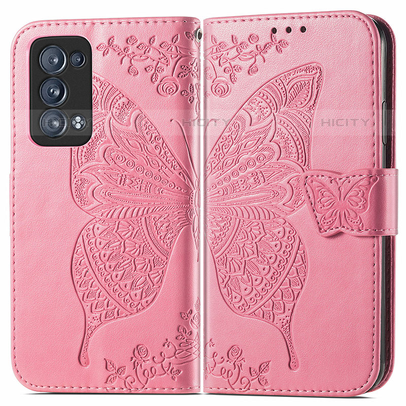 Custodia Portafoglio In Pelle Farfalla Cover con Supporto per Oppo Reno6 Pro 5G Rosa Caldo