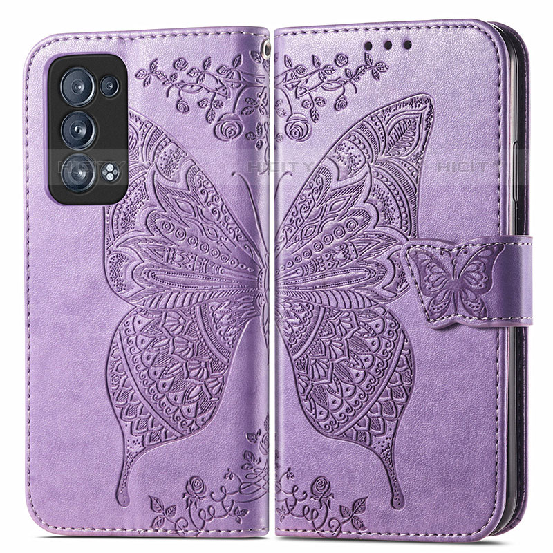 Custodia Portafoglio In Pelle Farfalla Cover con Supporto per Oppo Reno6 Pro+ Plus 5G Lavanda