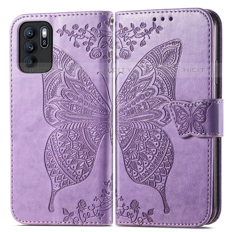 Custodia Portafoglio In Pelle Farfalla Cover con Supporto per Oppo Reno6 Z 5G Lavanda