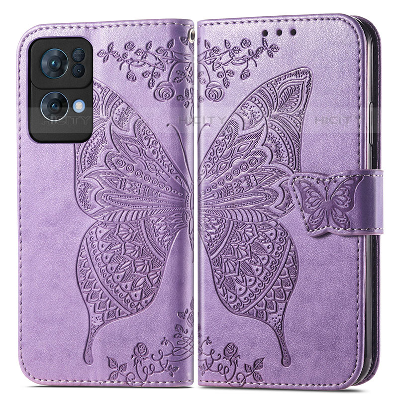 Custodia Portafoglio In Pelle Farfalla Cover con Supporto per Oppo Reno7 Pro 5G Lavanda