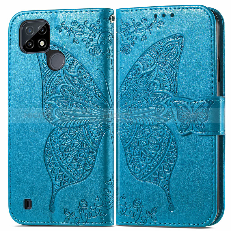 Custodia Portafoglio In Pelle Farfalla Cover con Supporto per Realme C21 Blu