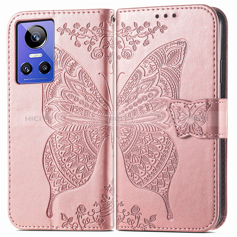 Custodia Portafoglio In Pelle Farfalla Cover con Supporto per Realme GT Neo3 5G Oro Rosa