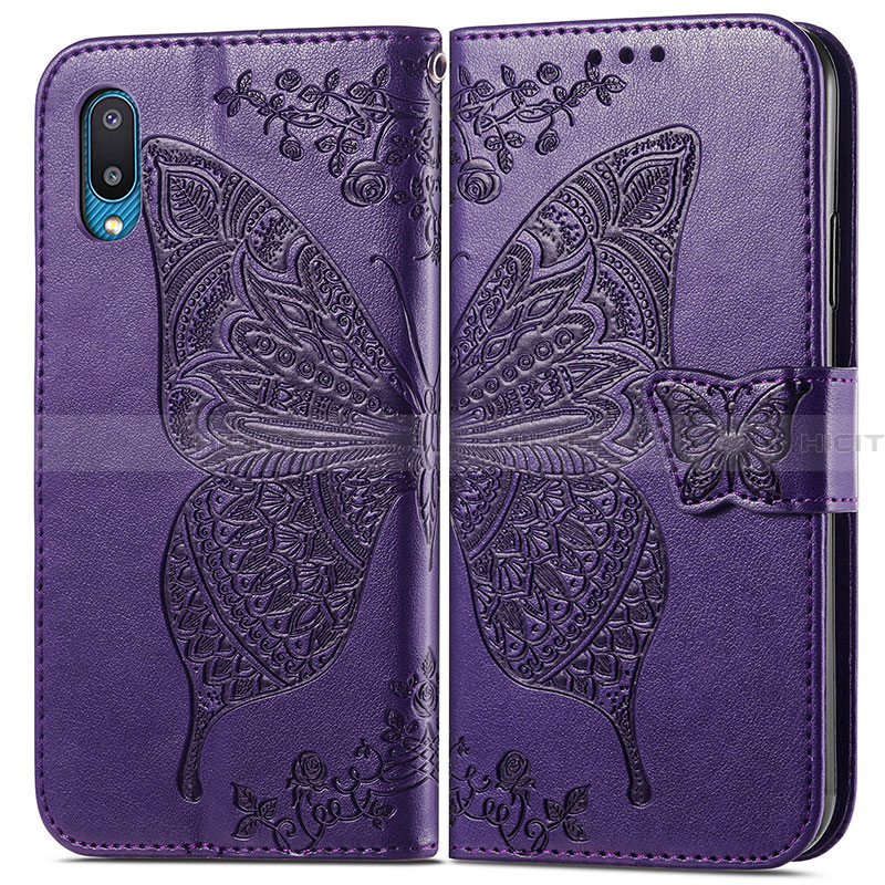 Custodia Portafoglio In Pelle Farfalla Cover con Supporto per Samsung Galaxy A02 Viola