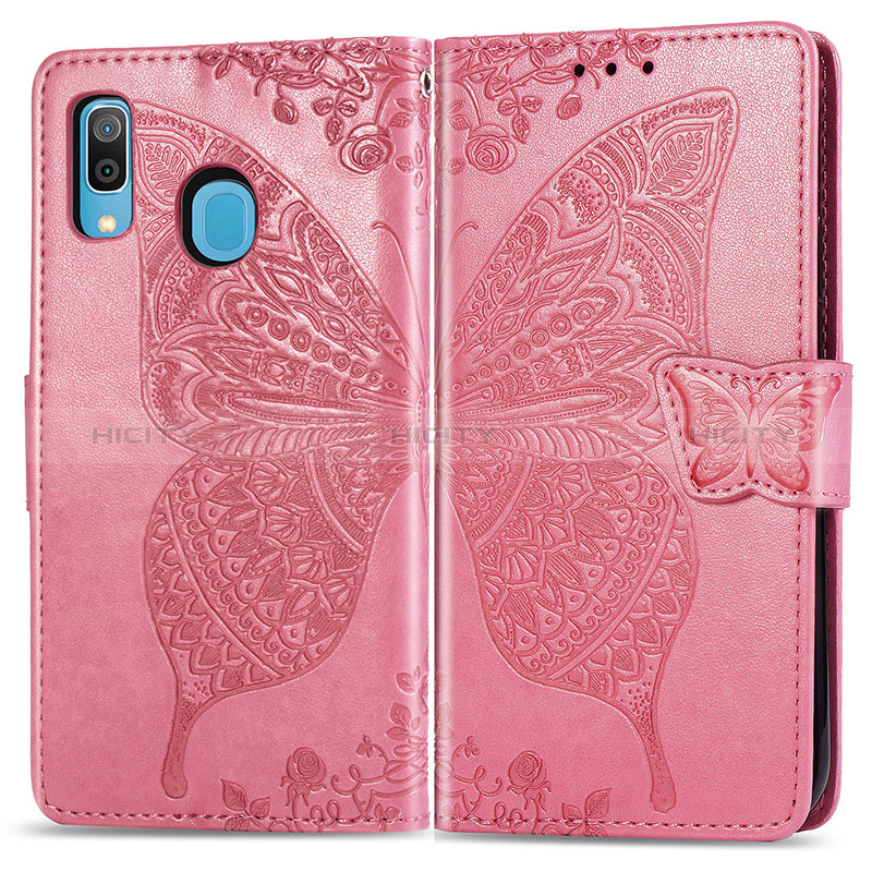 Custodia Portafoglio In Pelle Farfalla Cover con Supporto per Samsung Galaxy A20 Rosa Caldo