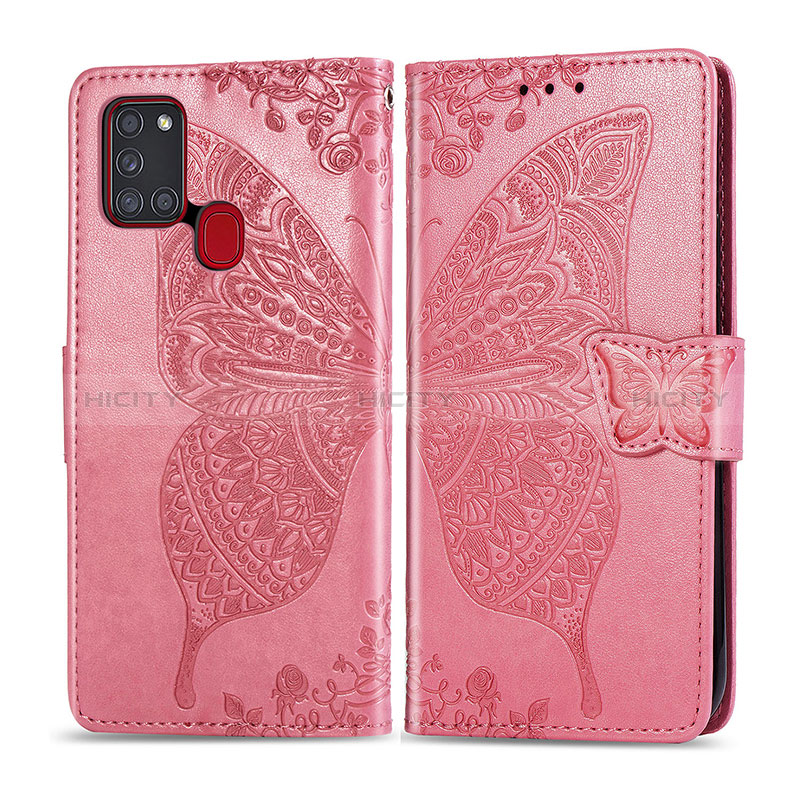 Custodia Portafoglio In Pelle Farfalla Cover con Supporto per Samsung Galaxy A21s Rosa Caldo