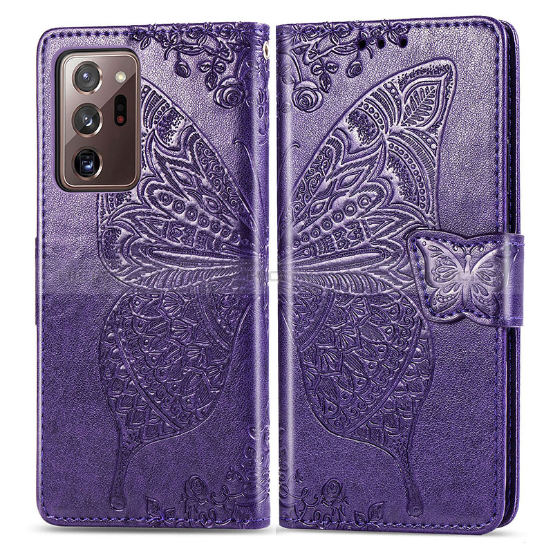 Custodia Portafoglio In Pelle Farfalla Cover con Supporto per Samsung Galaxy Note 20 Ultra 5G Viola