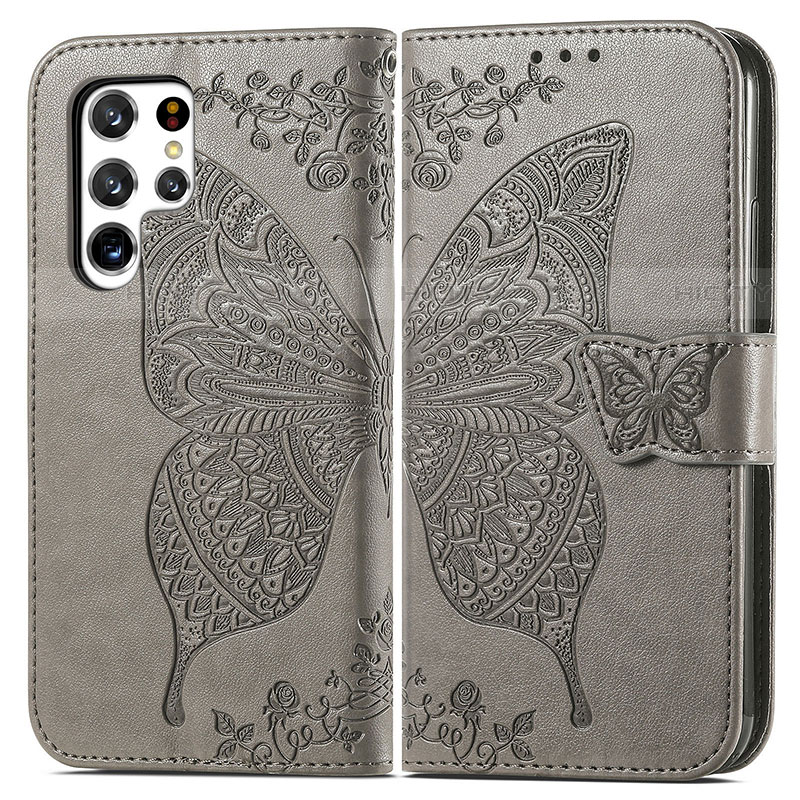 Custodia Portafoglio In Pelle Farfalla Cover con Supporto per Samsung Galaxy S23 Ultra 5G Grigio