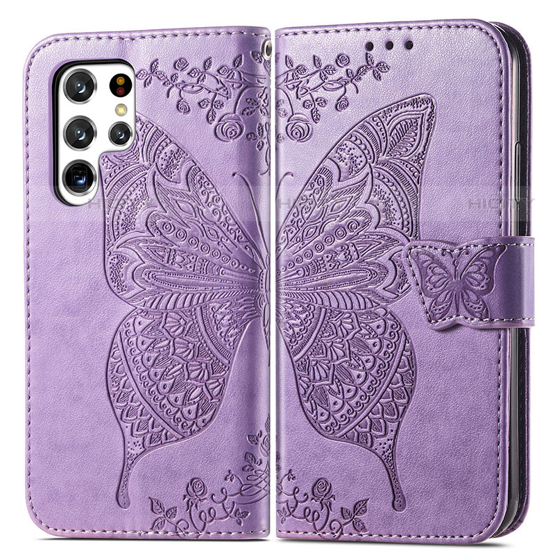 Custodia Portafoglio In Pelle Farfalla Cover con Supporto per Samsung Galaxy S23 Ultra 5G Lavanda