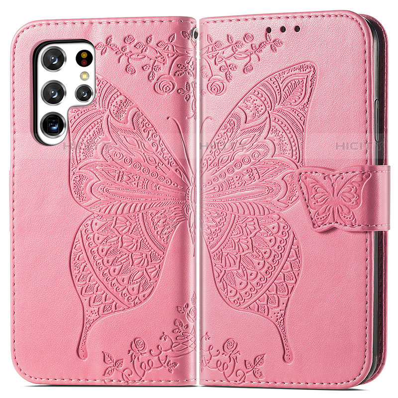 Custodia Portafoglio In Pelle Farfalla Cover con Supporto per Samsung Galaxy S23 Ultra 5G Rosa Caldo