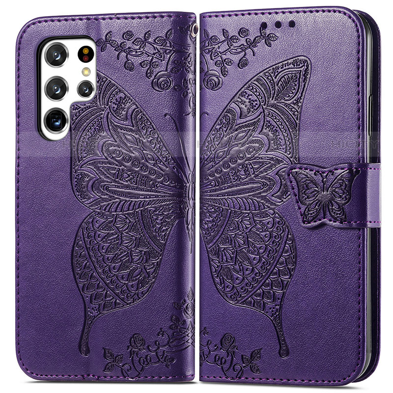 Custodia Portafoglio In Pelle Farfalla Cover con Supporto per Samsung Galaxy S23 Ultra 5G Viola