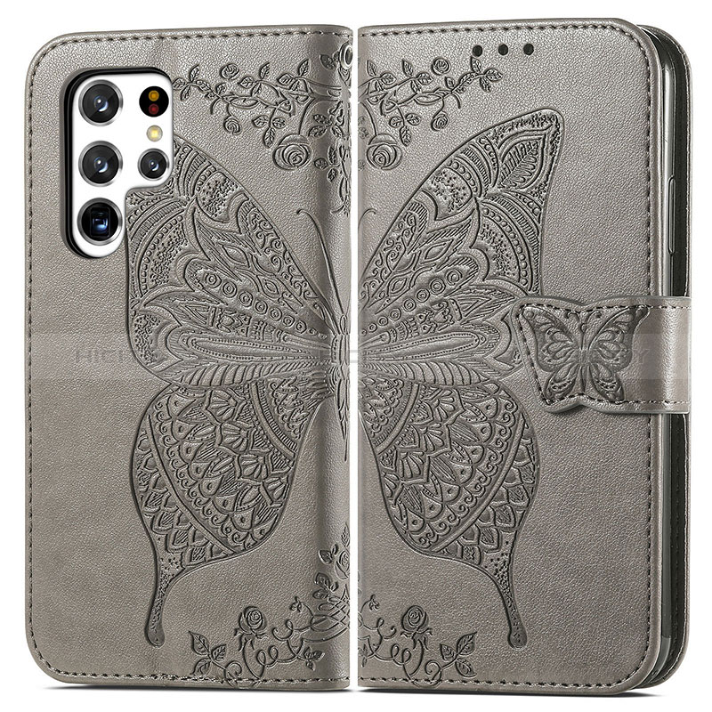 Custodia Portafoglio In Pelle Farfalla Cover con Supporto per Samsung Galaxy S24 Ultra 5G Grigio