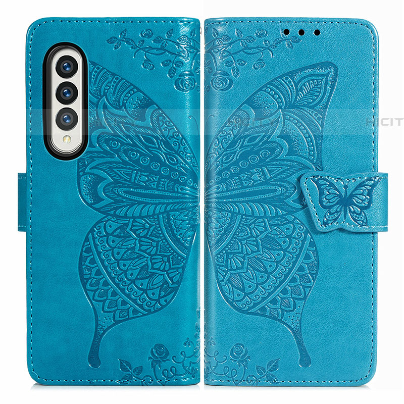 Custodia Portafoglio In Pelle Farfalla Cover con Supporto per Samsung Galaxy Z Fold4 5G Blu