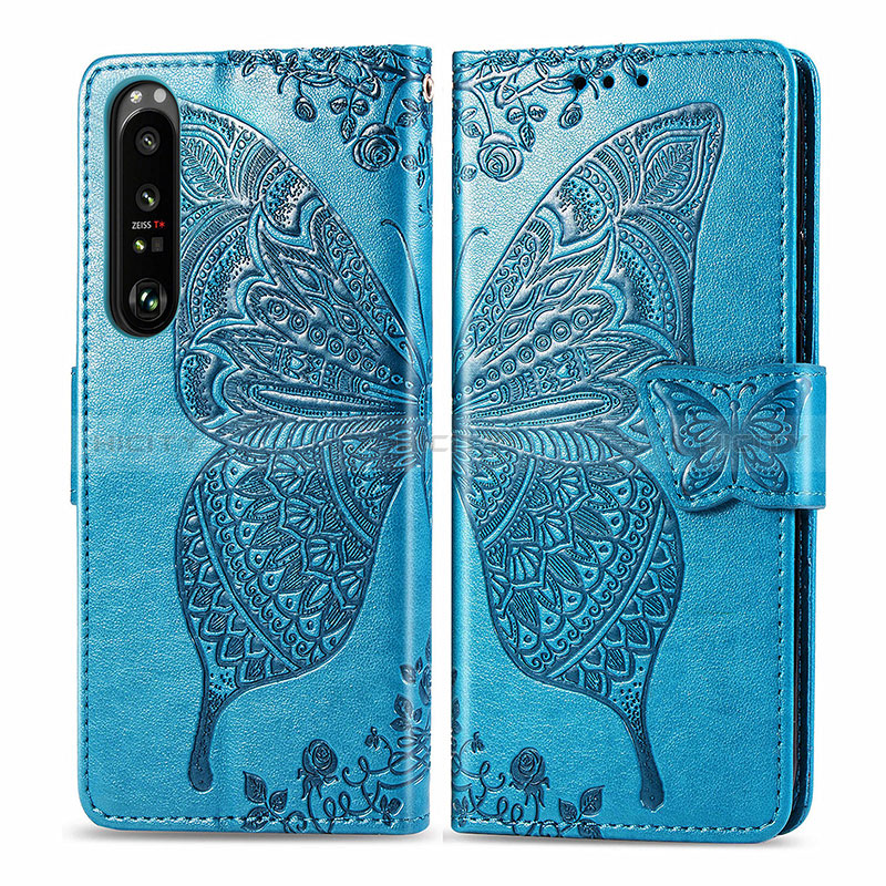 Custodia Portafoglio In Pelle Farfalla Cover con Supporto per Sony Xperia 1 III Blu