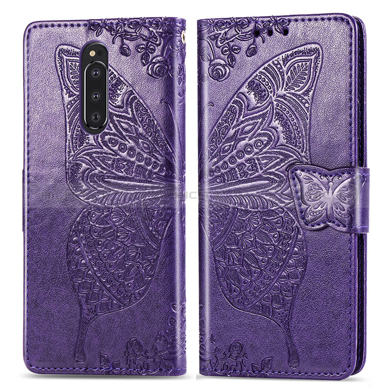 Custodia Portafoglio In Pelle Farfalla Cover con Supporto per Sony Xperia 1 Viola