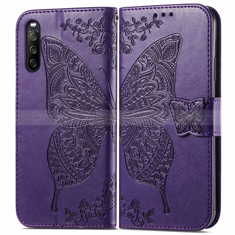 Custodia Portafoglio In Pelle Farfalla Cover con Supporto per Sony Xperia 10 III SOG04 Viola