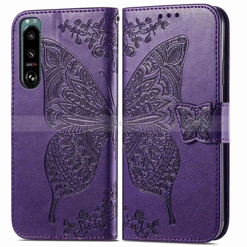 Custodia Portafoglio In Pelle Farfalla Cover con Supporto per Sony Xperia 5 IV Viola