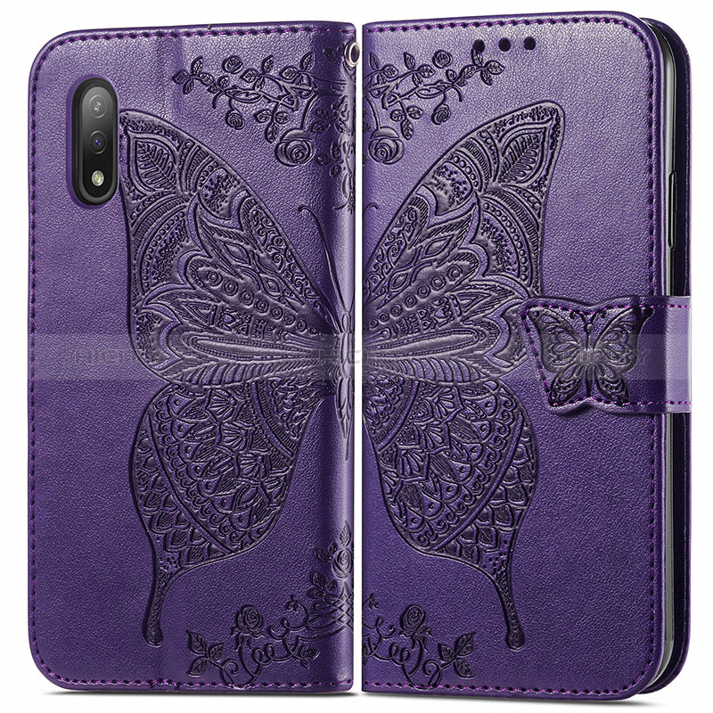 Custodia Portafoglio In Pelle Farfalla Cover con Supporto per Sony Xperia Ace II Viola