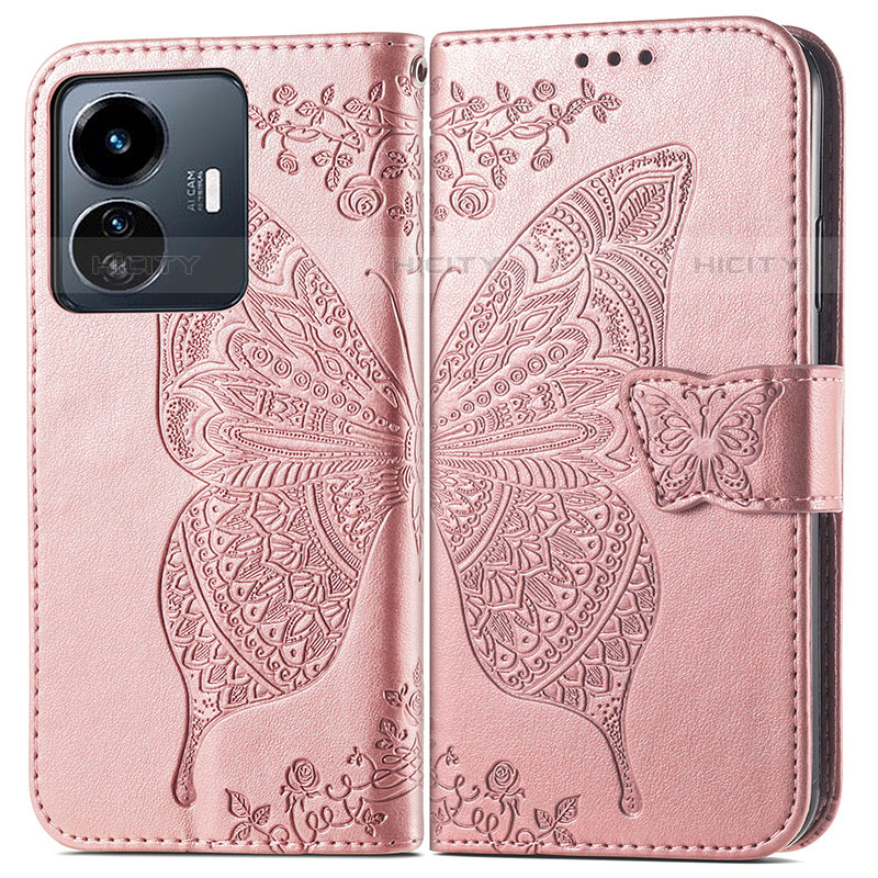 Custodia Portafoglio In Pelle Farfalla Cover con Supporto per Vivo iQOO Z6 Lite 5G Rosa