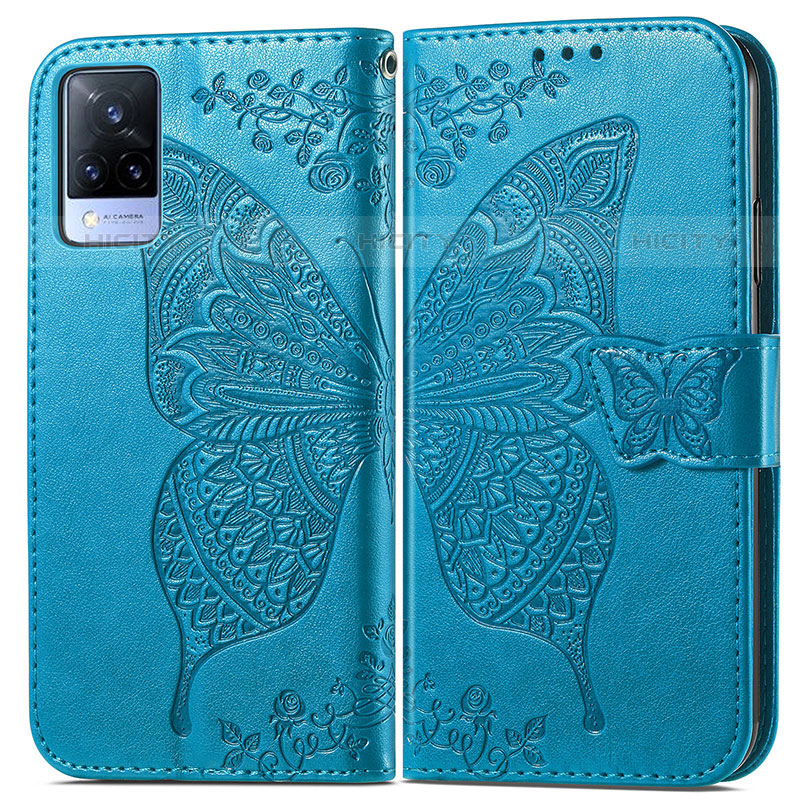 Custodia Portafoglio In Pelle Farfalla Cover con Supporto per Vivo V21s 5G Blu