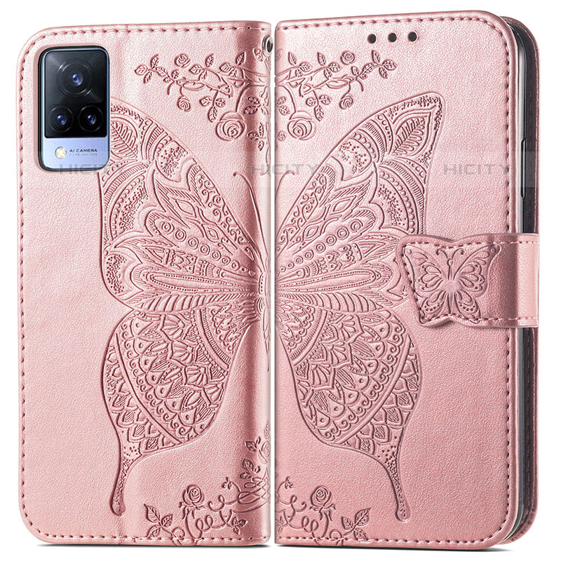 Custodia Portafoglio In Pelle Farfalla Cover con Supporto per Vivo V21s 5G Rosa