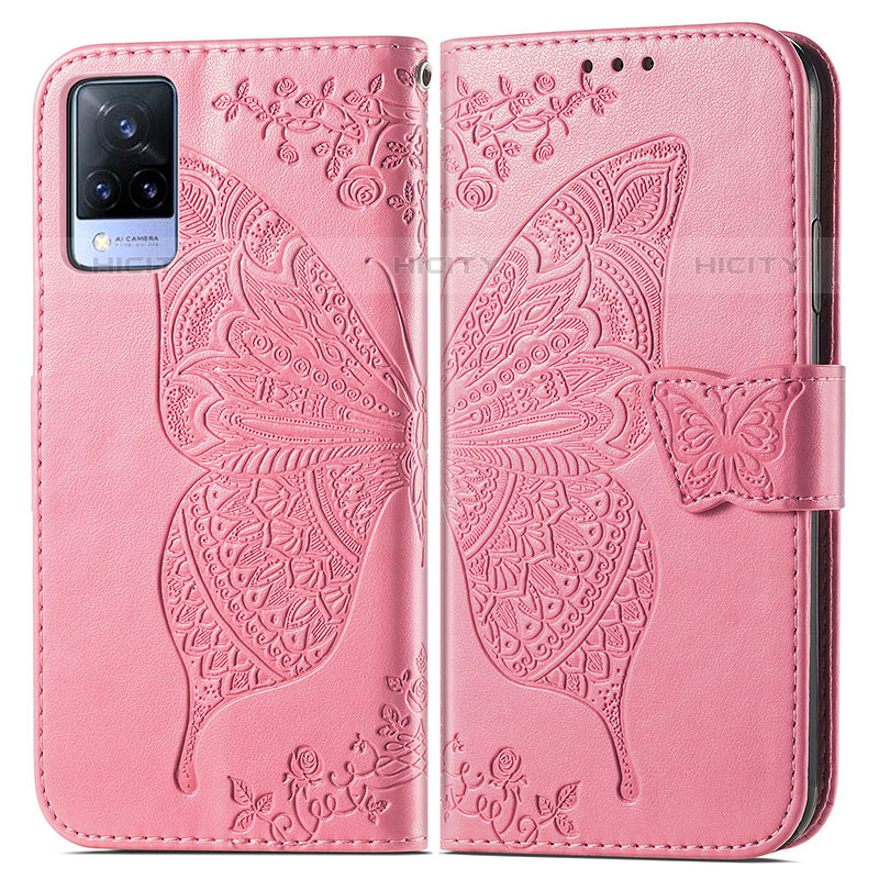 Custodia Portafoglio In Pelle Farfalla Cover con Supporto per Vivo V21s 5G Rosa Caldo