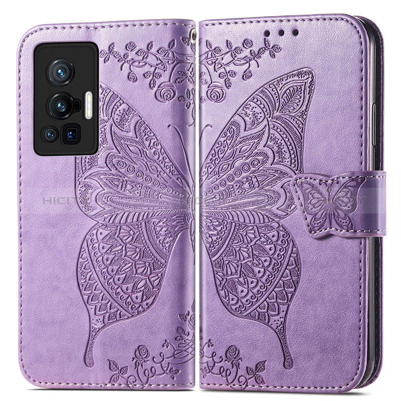 Custodia Portafoglio In Pelle Farfalla Cover con Supporto per Vivo X70 Pro 5G Lavanda