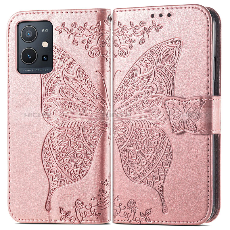 Custodia Portafoglio In Pelle Farfalla Cover con Supporto per Vivo Y55s 5G Rosa