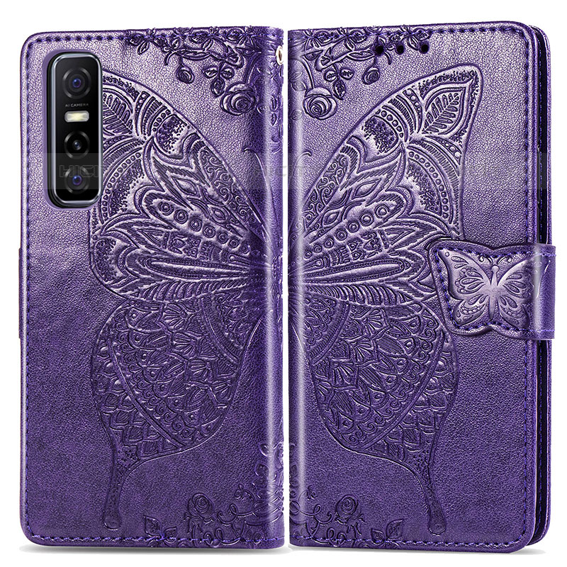 Custodia Portafoglio In Pelle Farfalla Cover con Supporto per Vivo Y73s 5G Viola