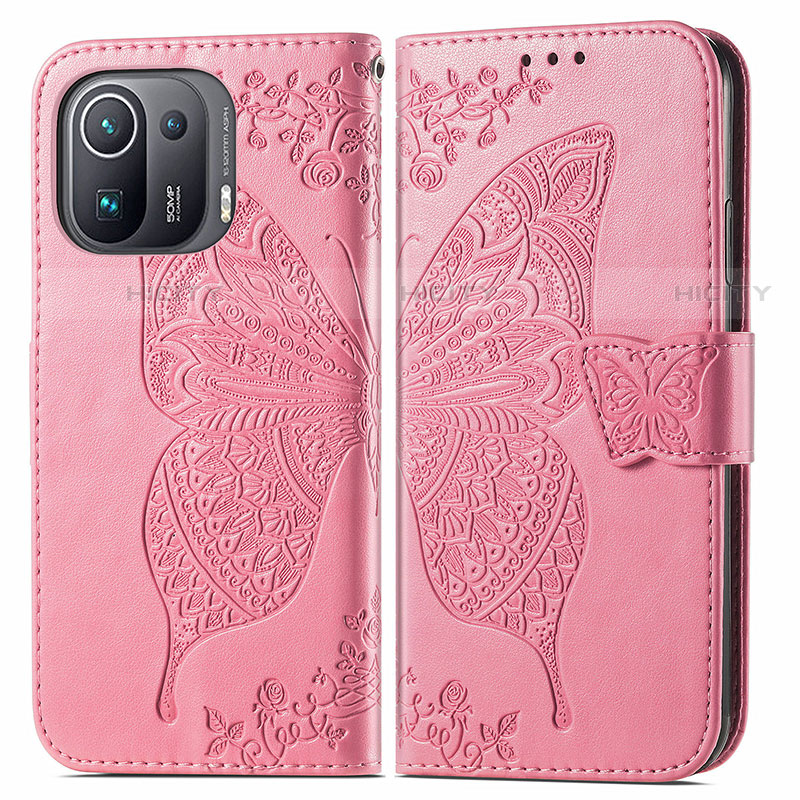 Custodia Portafoglio In Pelle Farfalla Cover con Supporto per Xiaomi Mi 11 Pro 5G Rosa Caldo