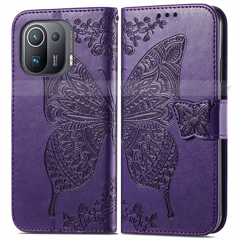 Custodia Portafoglio In Pelle Farfalla Cover con Supporto per Xiaomi Mi 11 Pro 5G Viola