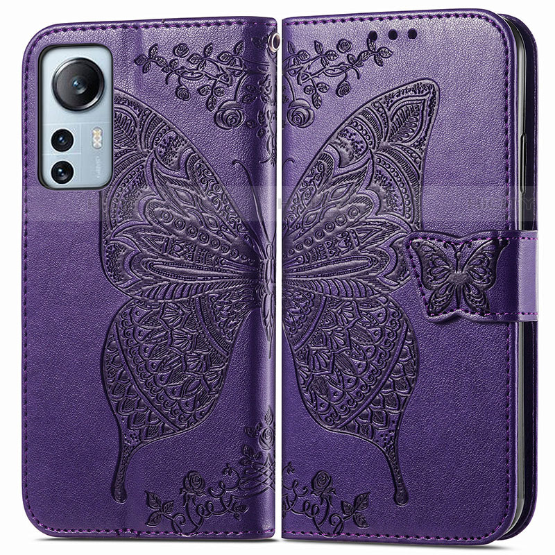 Custodia Portafoglio In Pelle Farfalla Cover con Supporto per Xiaomi Mi 12 Pro 5G Viola