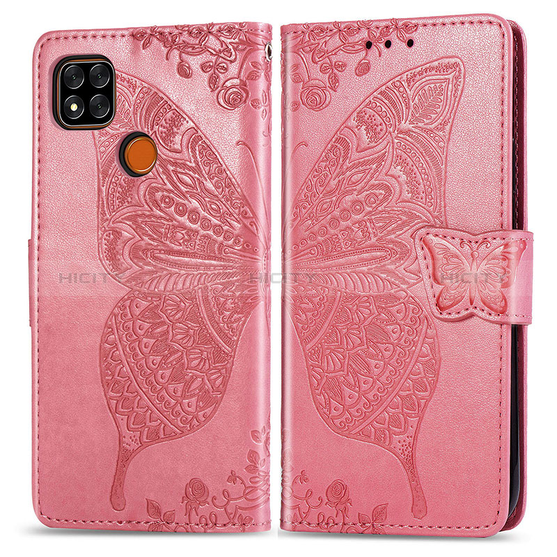 Custodia Portafoglio In Pelle Farfalla Cover con Supporto per Xiaomi POCO C3 Rosa Caldo